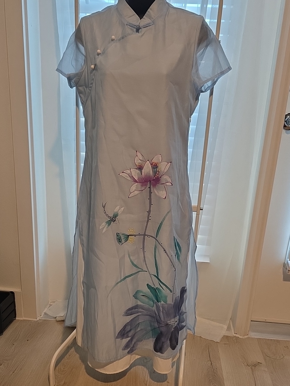 Light Blue Floral Midi Cheongsam Dress with Hand-Painted Motif